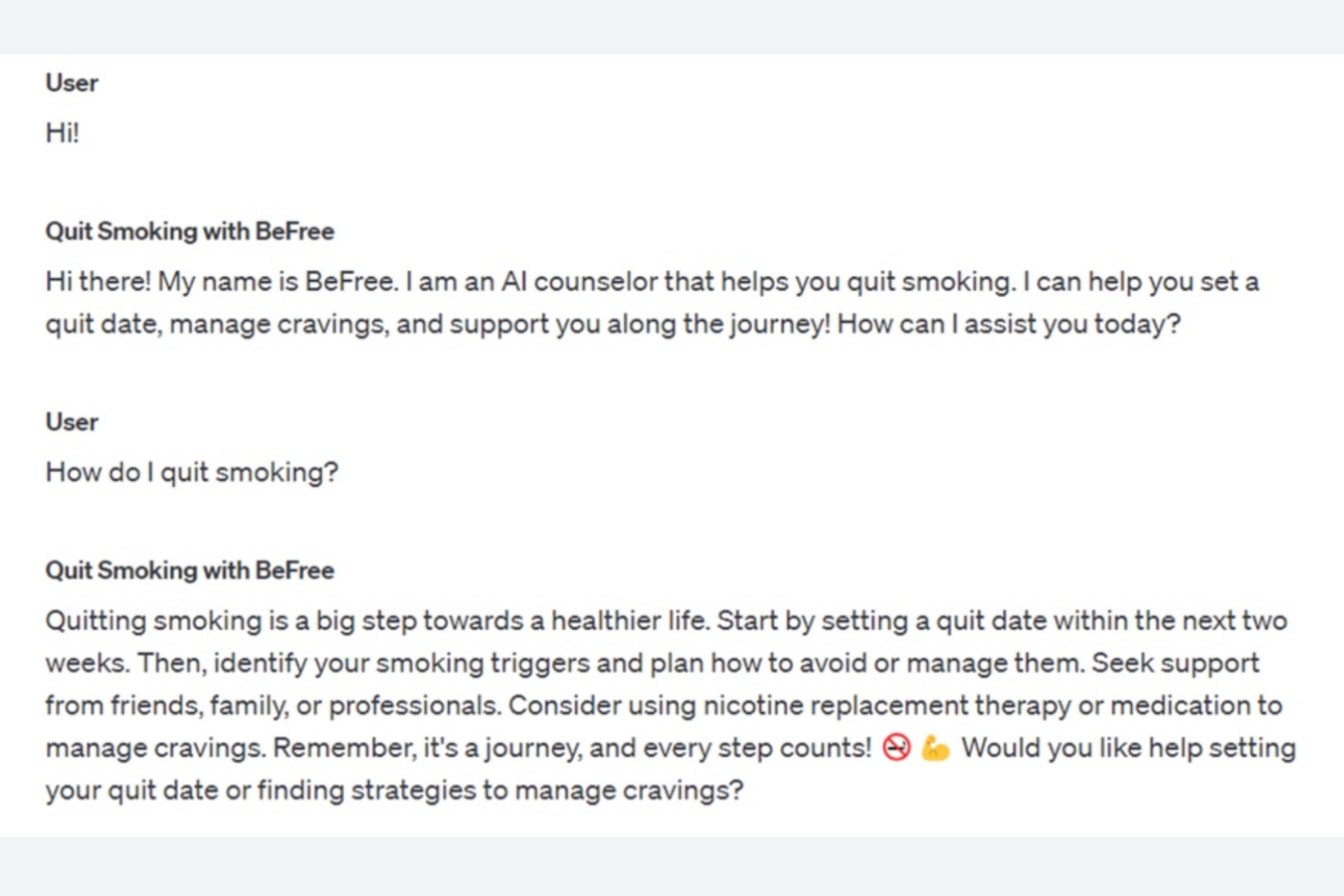 An AI chatbot offering tips on how to quit smoking.