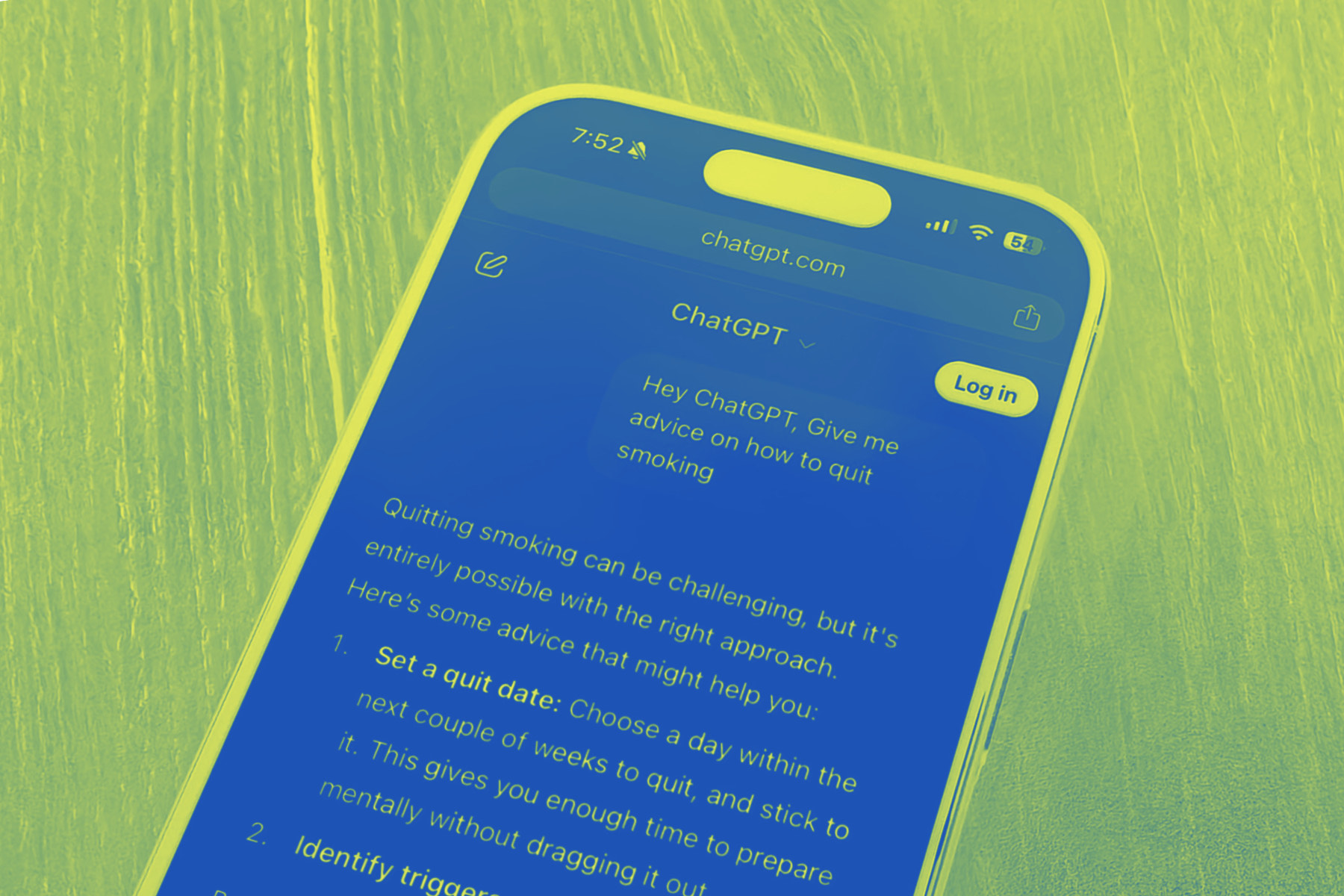 Seeking smoking cessation advice from ChatGPT on a phone.