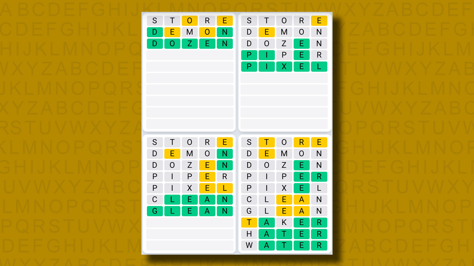 Quordle Daily Sequence answers for game 1115 on a yellow background