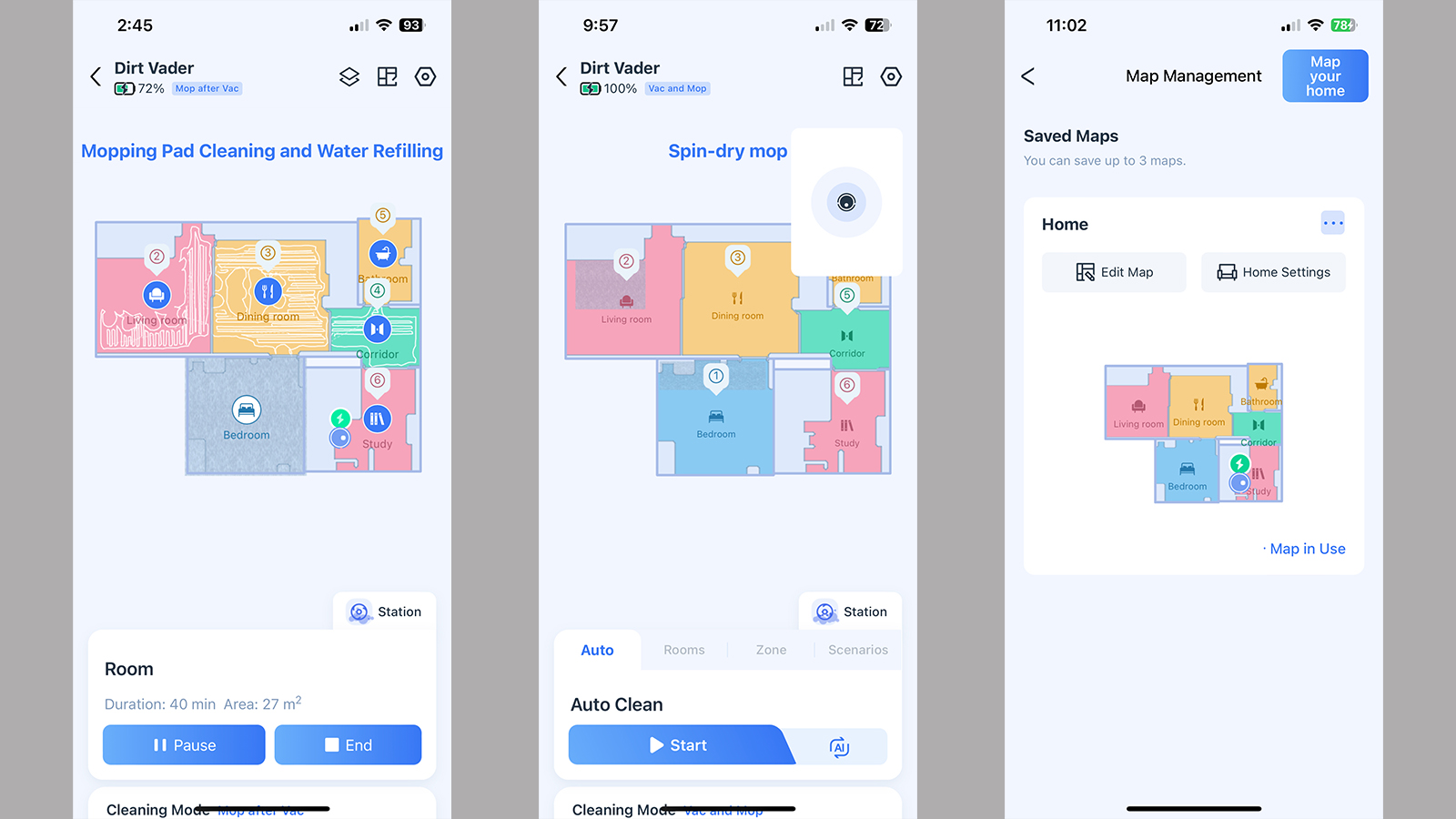 Screenshots of the Ecovacs Home iOS app showing maps and robot functions