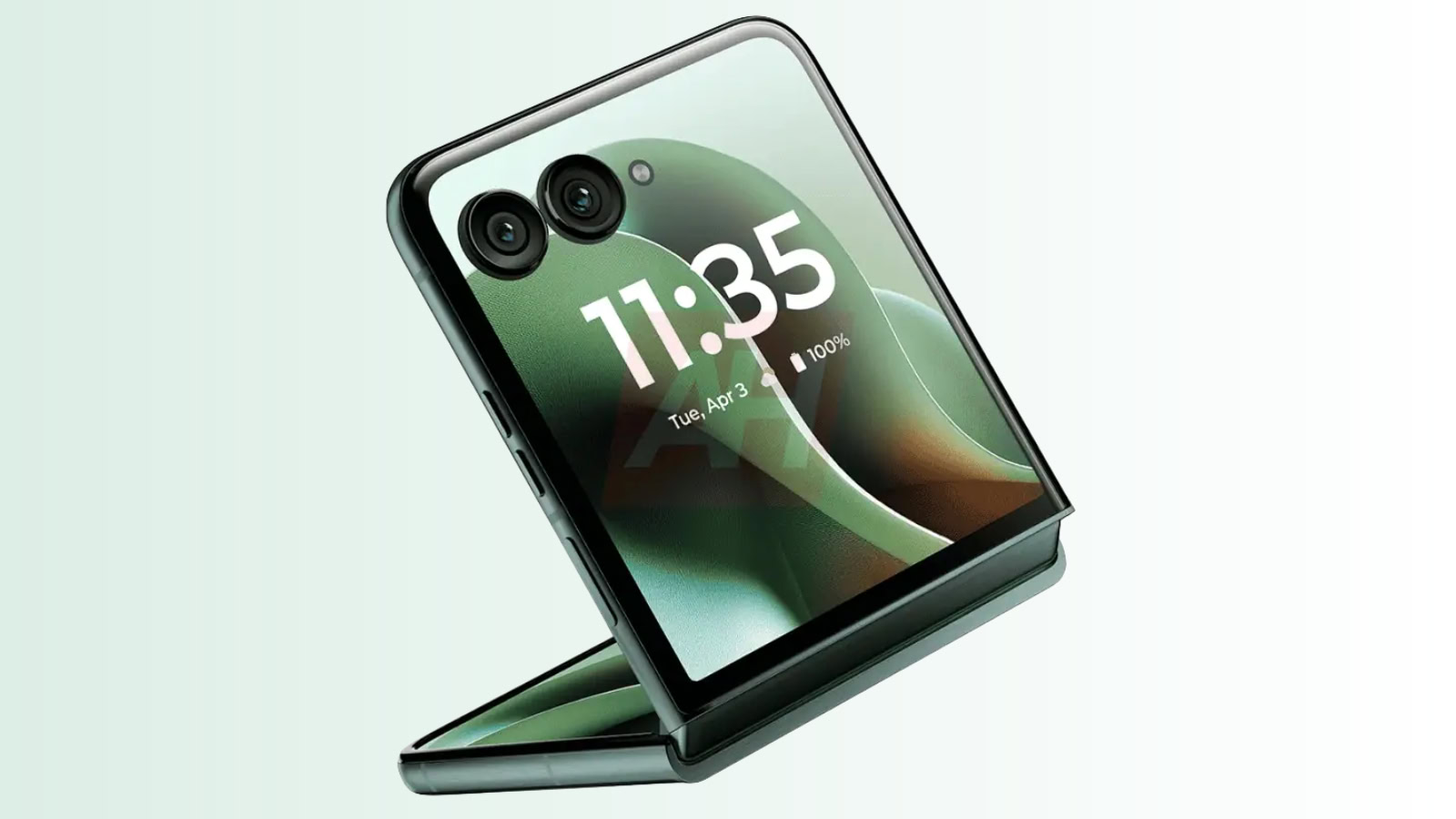 Motorola Razr Plus 2025 render against a green and white background.