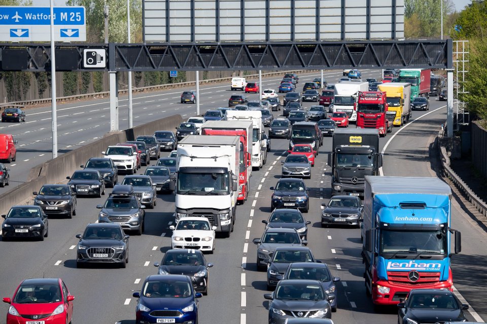 Heavy traffic on the M25 motorway.