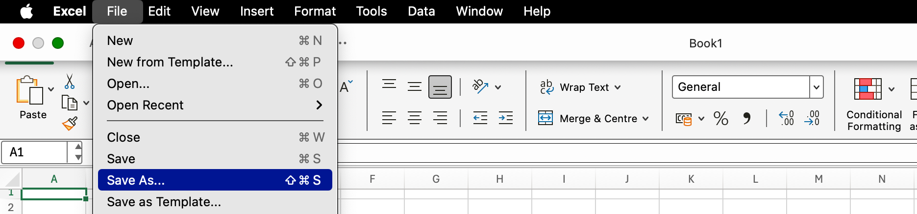 Saving a file locally in Microsoft Excel.