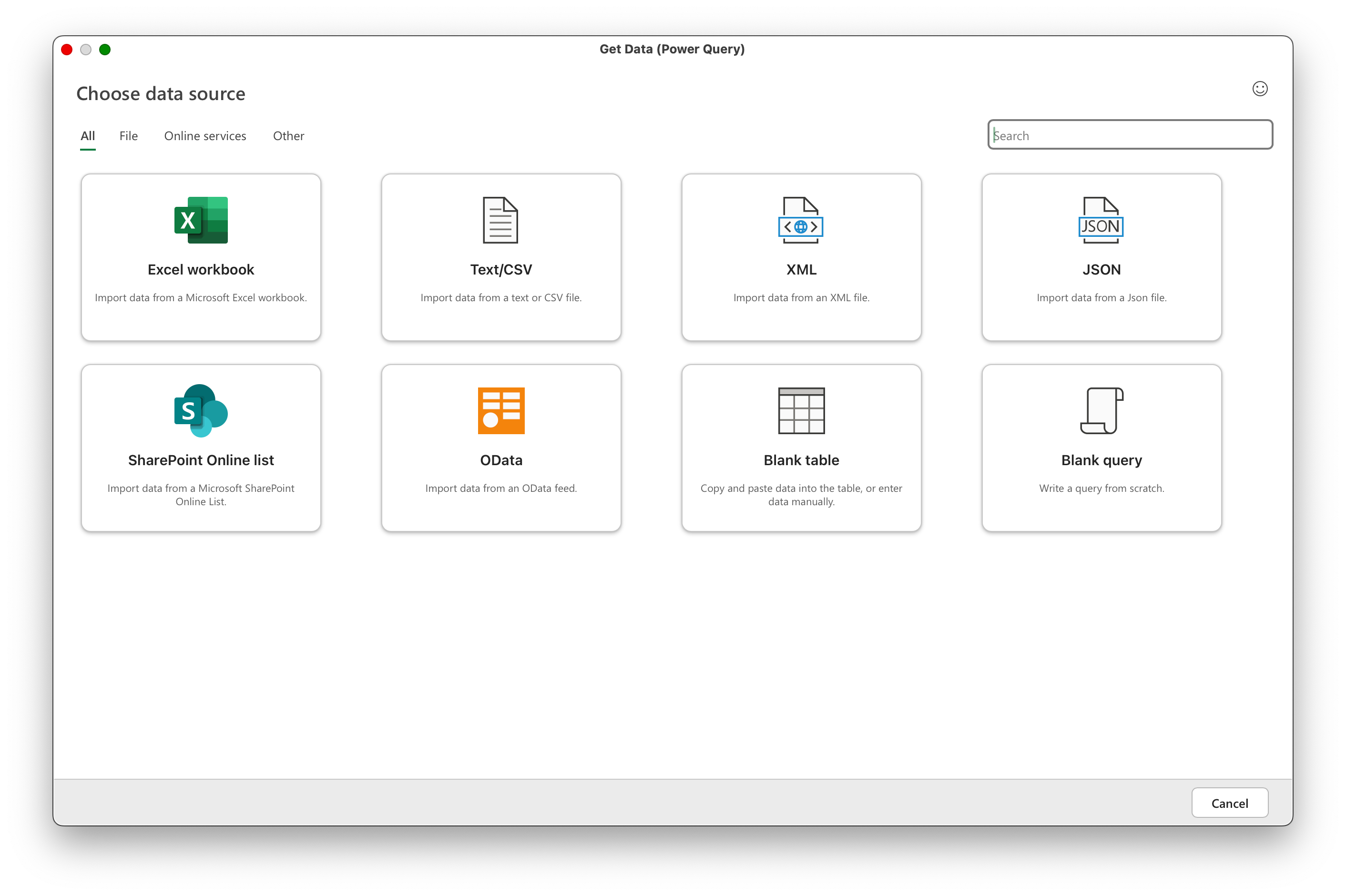 A list of Power Query Data sources in Microsoft Excel.