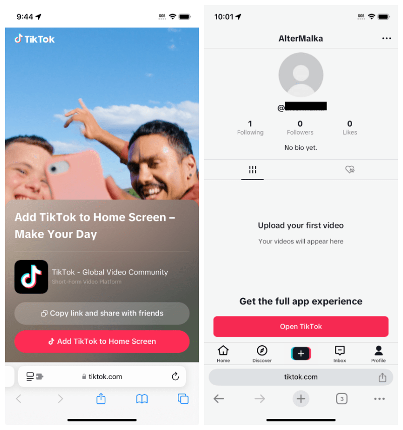 Two screen shots: the left showing a photo of two people with a phone and a headline “Add TikTok to Home Screen — Make Your Day”; the right has a TikTok screen asking you to upload your first video.