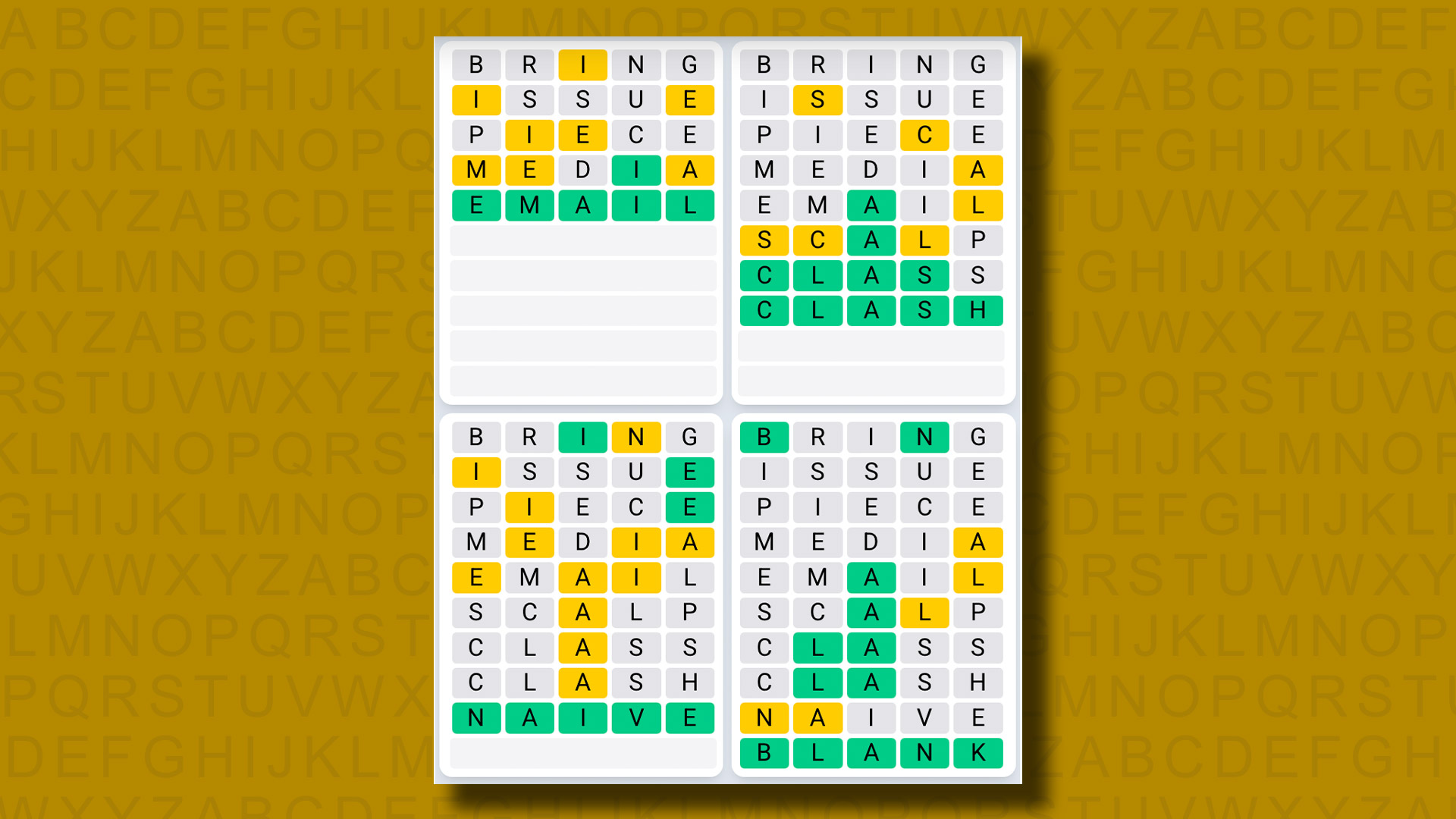 Quordle Daily Sequence answers for game 1120 on a yellow background