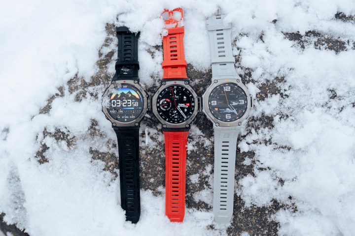 The Amazfit T-Rex 3 smartwatch in the three available colors.