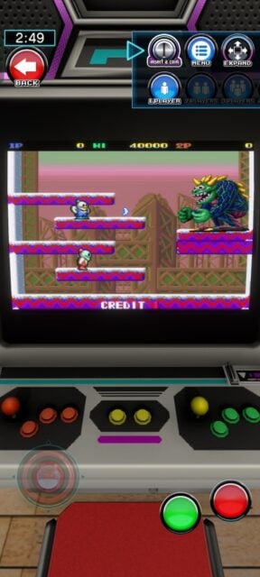 Tiny retro creatures fighting monster on arcade machine screen