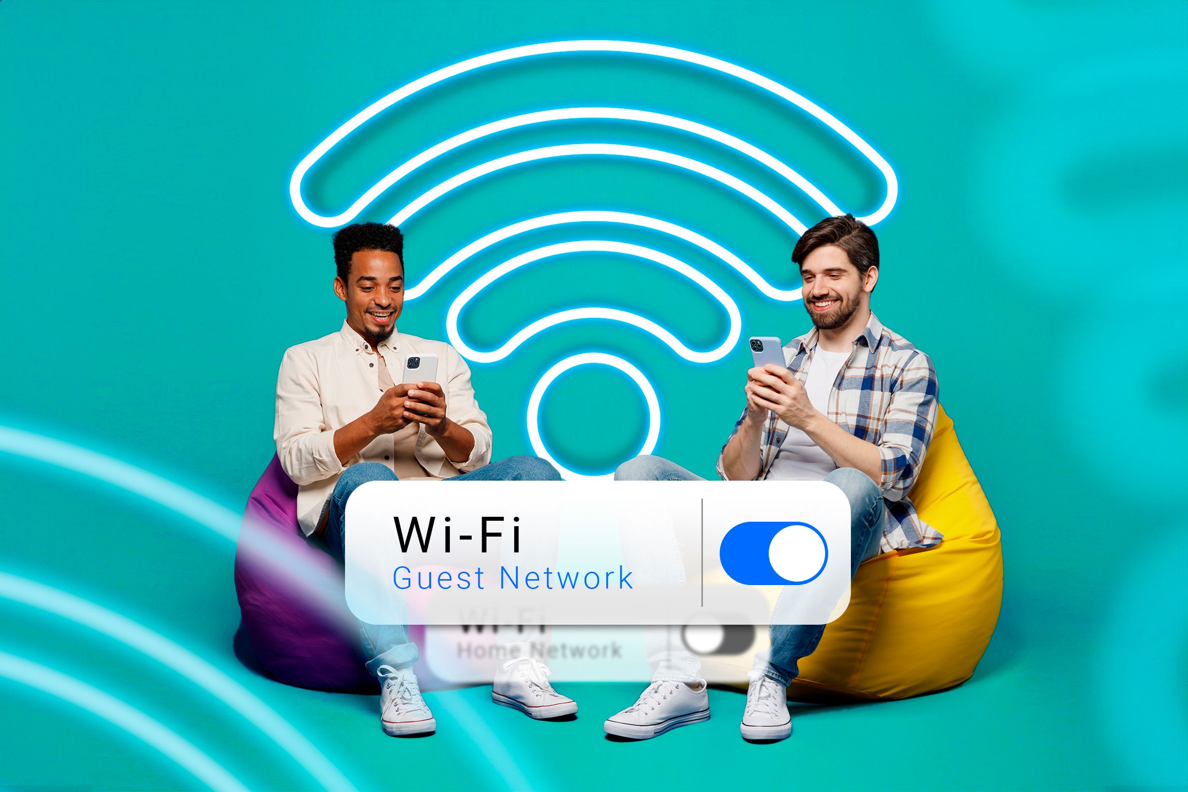 Two guys sitting on a beanbag using their phones, a Wi-Fi icon in the background, and the guest Wi-Fi connected.