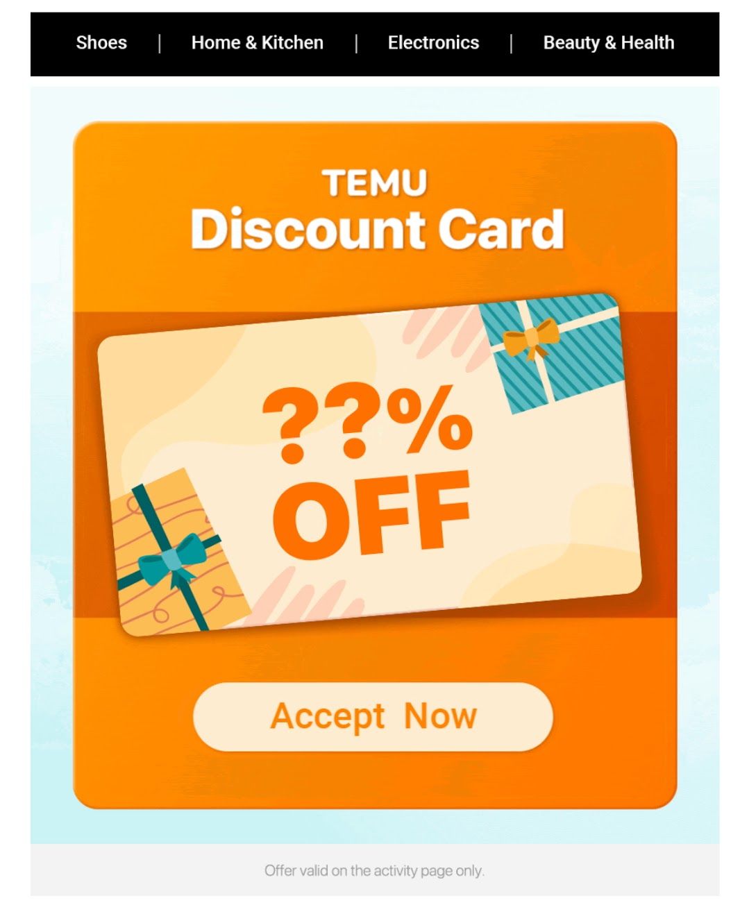 Temu discount promo.