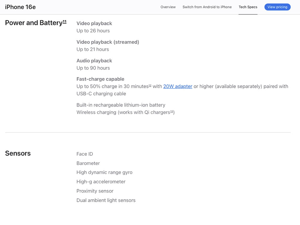 iPhone 16e tech specs no MagSafe