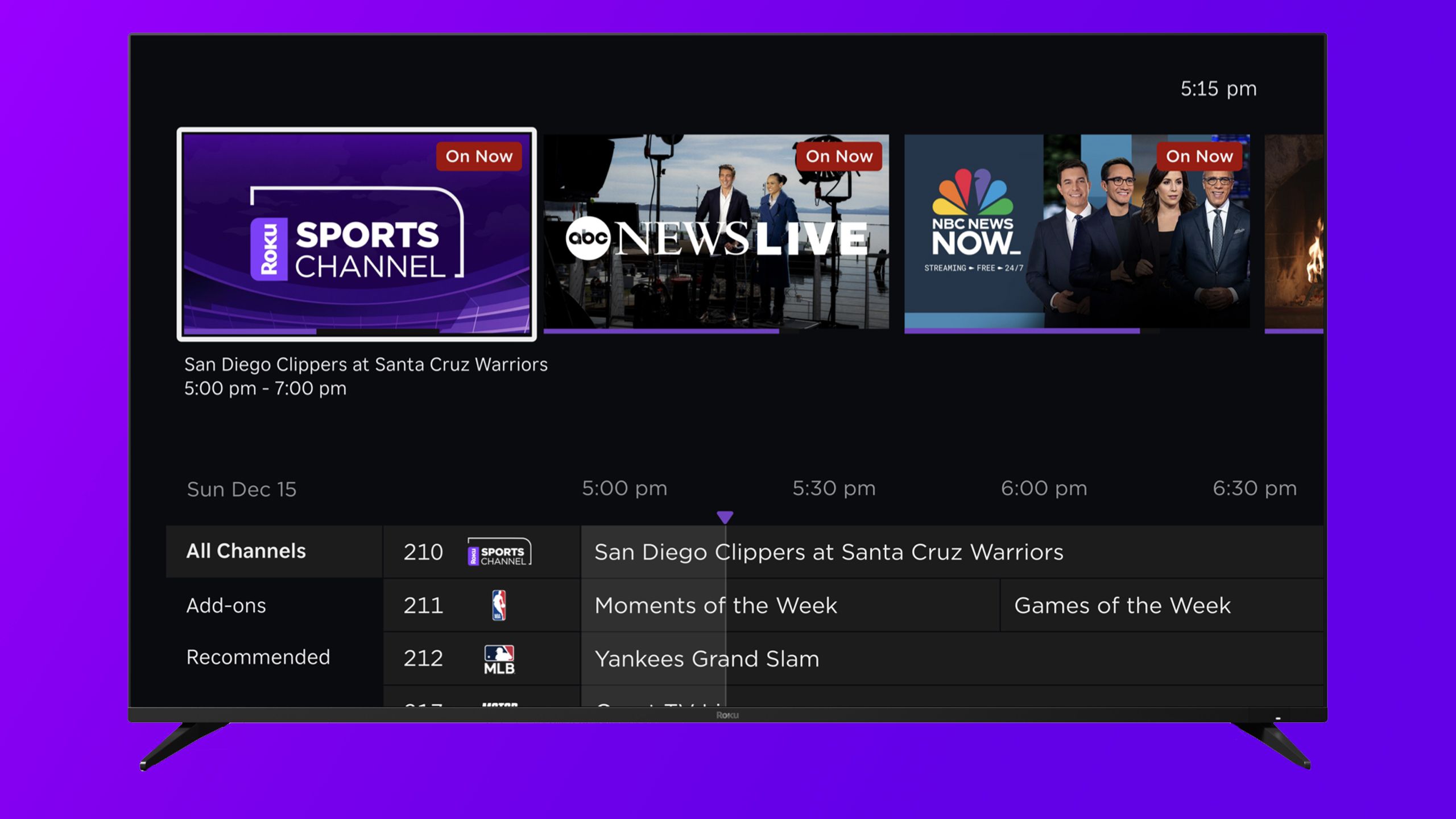 Personalized live TV row on Roku TV