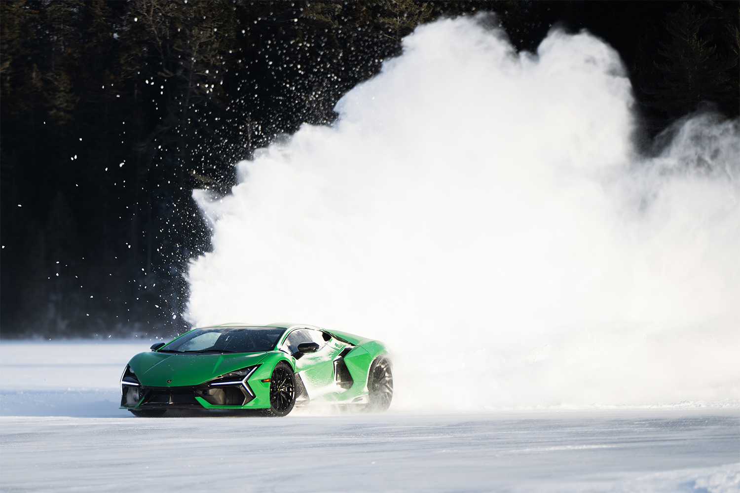 Lamborghini Revuelto supercar driving on an ice track