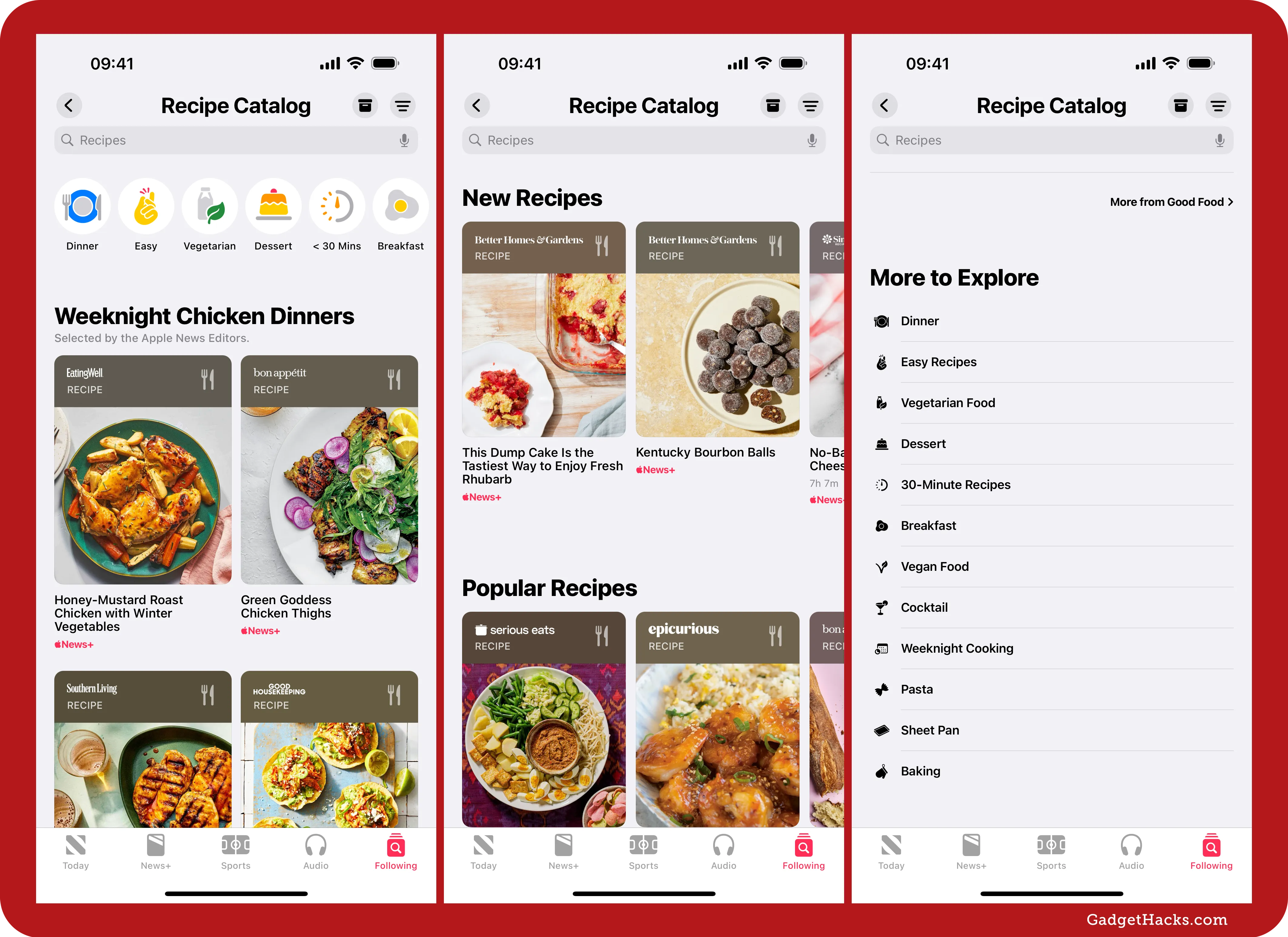 Left screenshot shows the top of the Recipe Catalog in Apple News+ Food; the middle shows more topics down the page; the third shows the More to Explore section at the bottom.