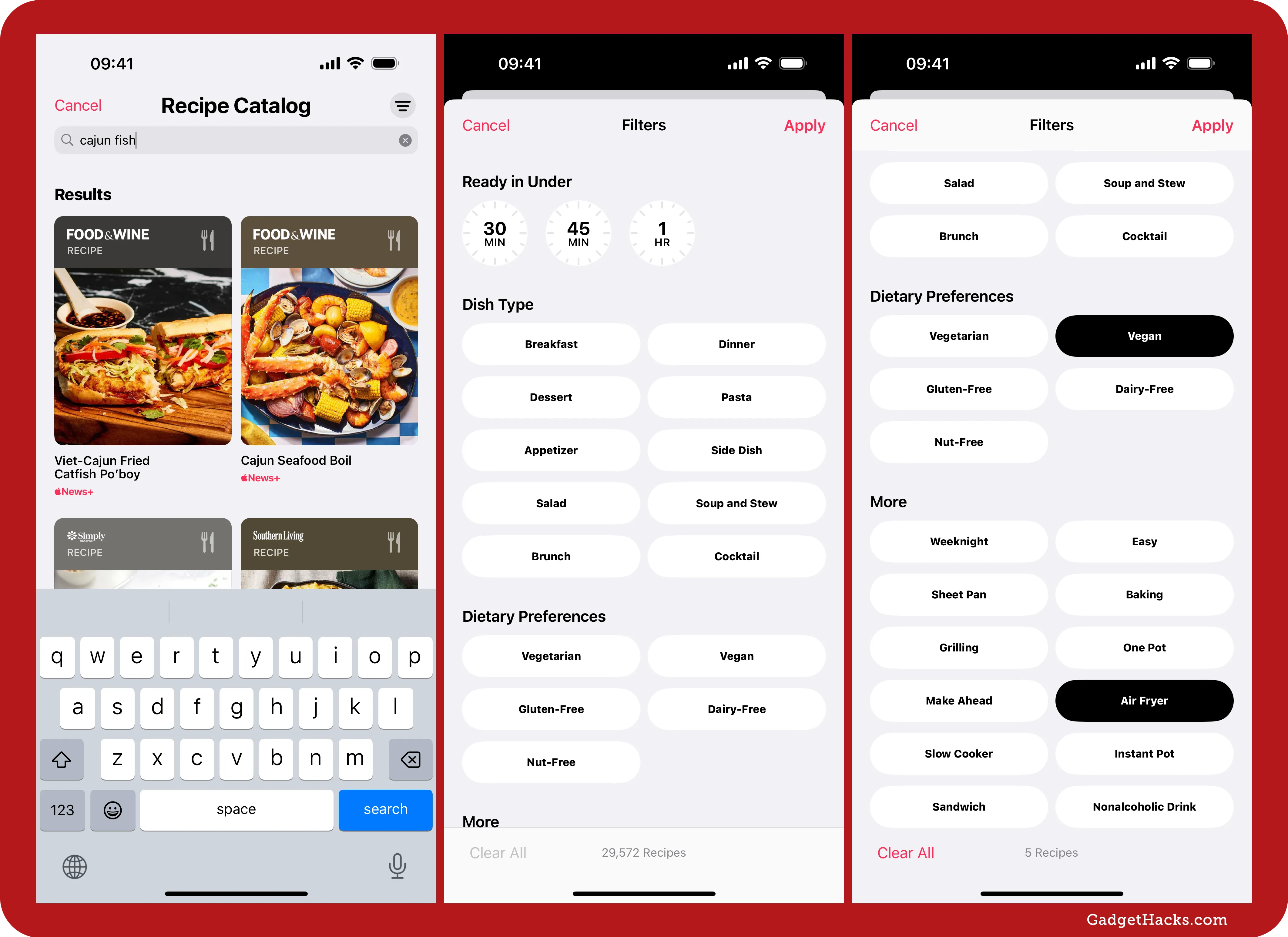 Left screenshot shows Apple News+ Food's search tool; middle shows the top of the filters list; the right shows the bottom of the filters list with Vegan and Air Fryer selected.