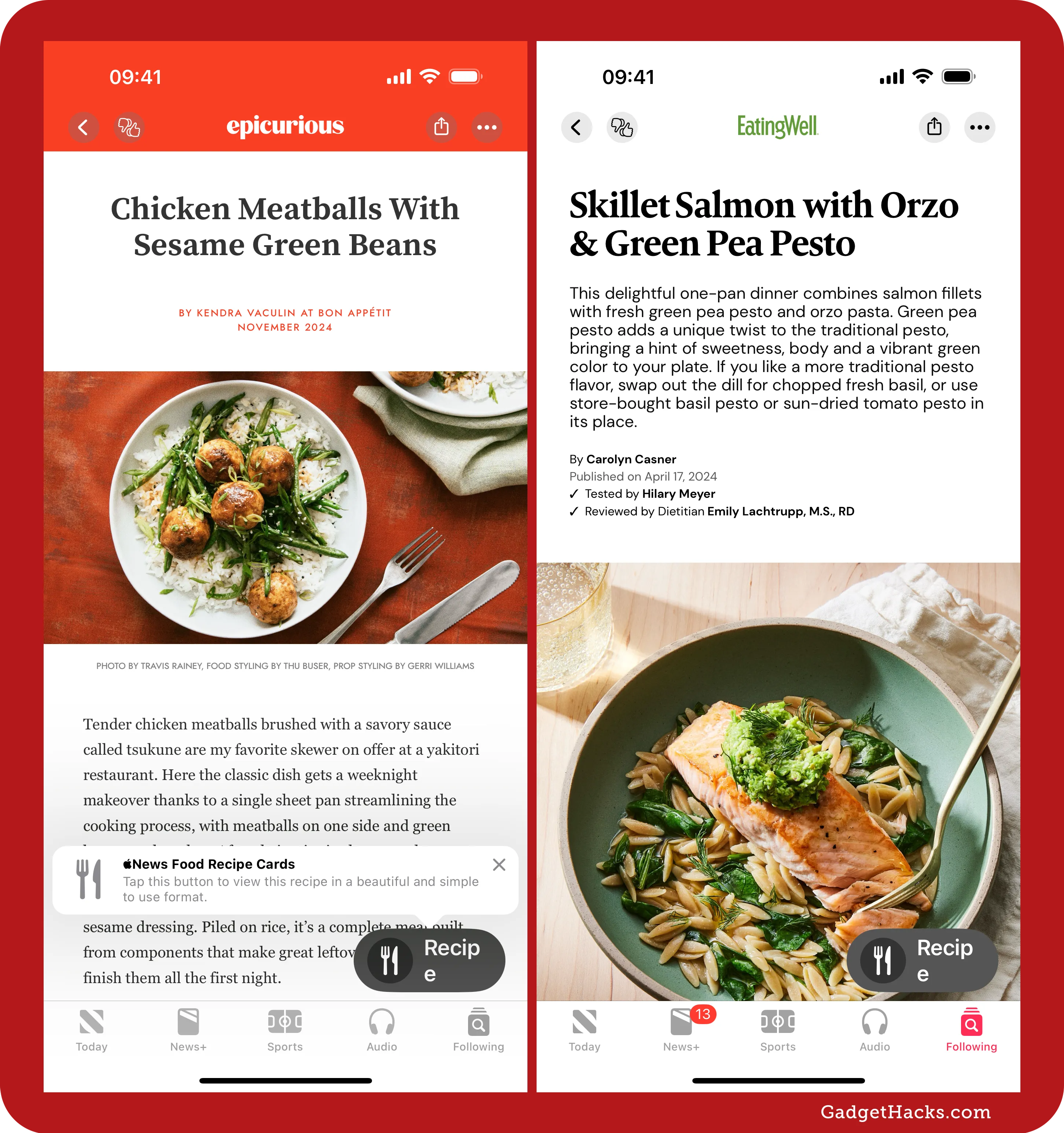 The left screenshot shows the article in Apple News+ for chicken meatballs by Epicurious with a Recipe button; the right shows the Recipe button on EatingWell's skillet salmon article.