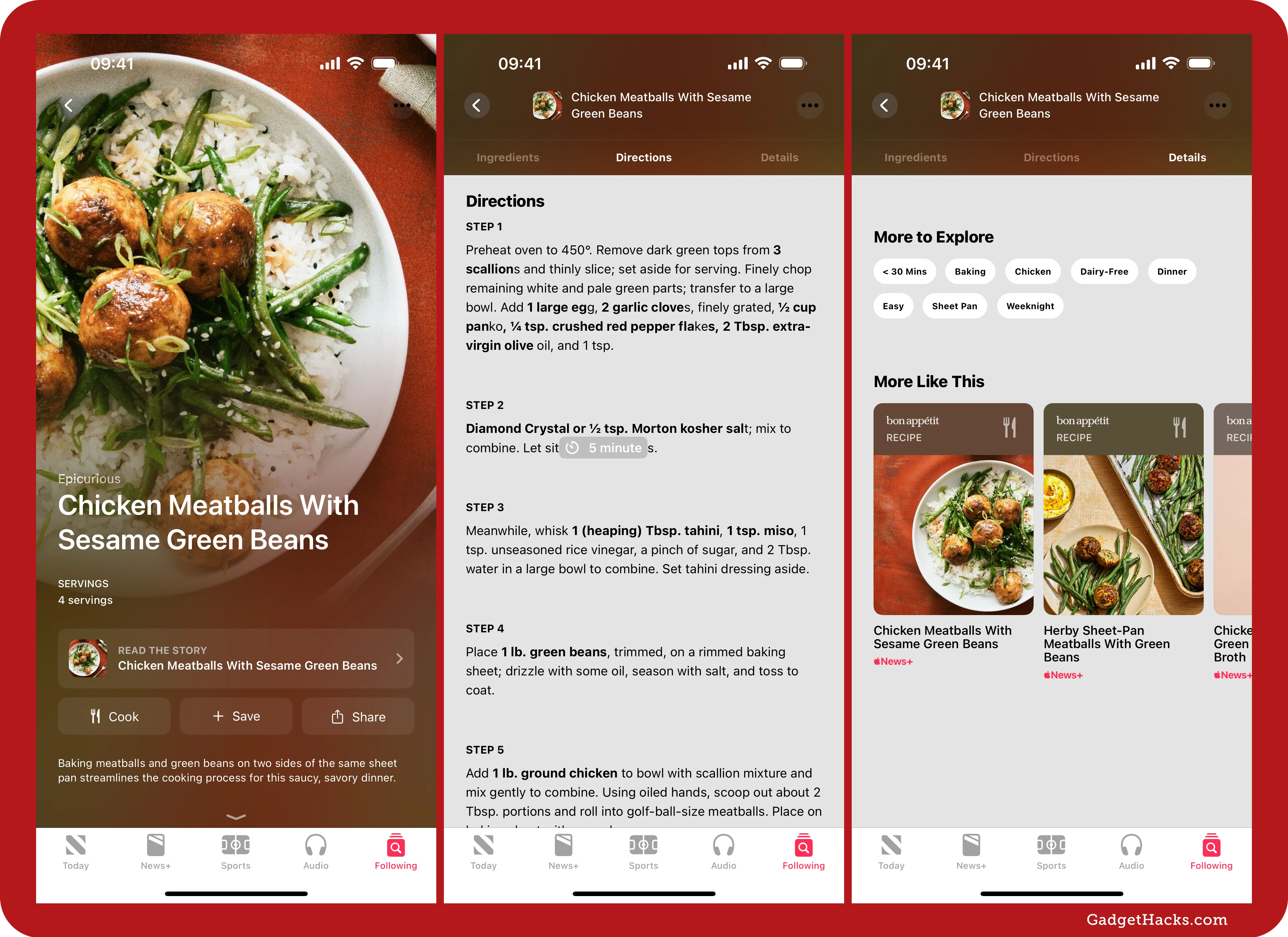 The left screenshot shows the recipe for Chicken Meatballs with Sesame Green Beans; the middle shows the directions; the right shows more details.