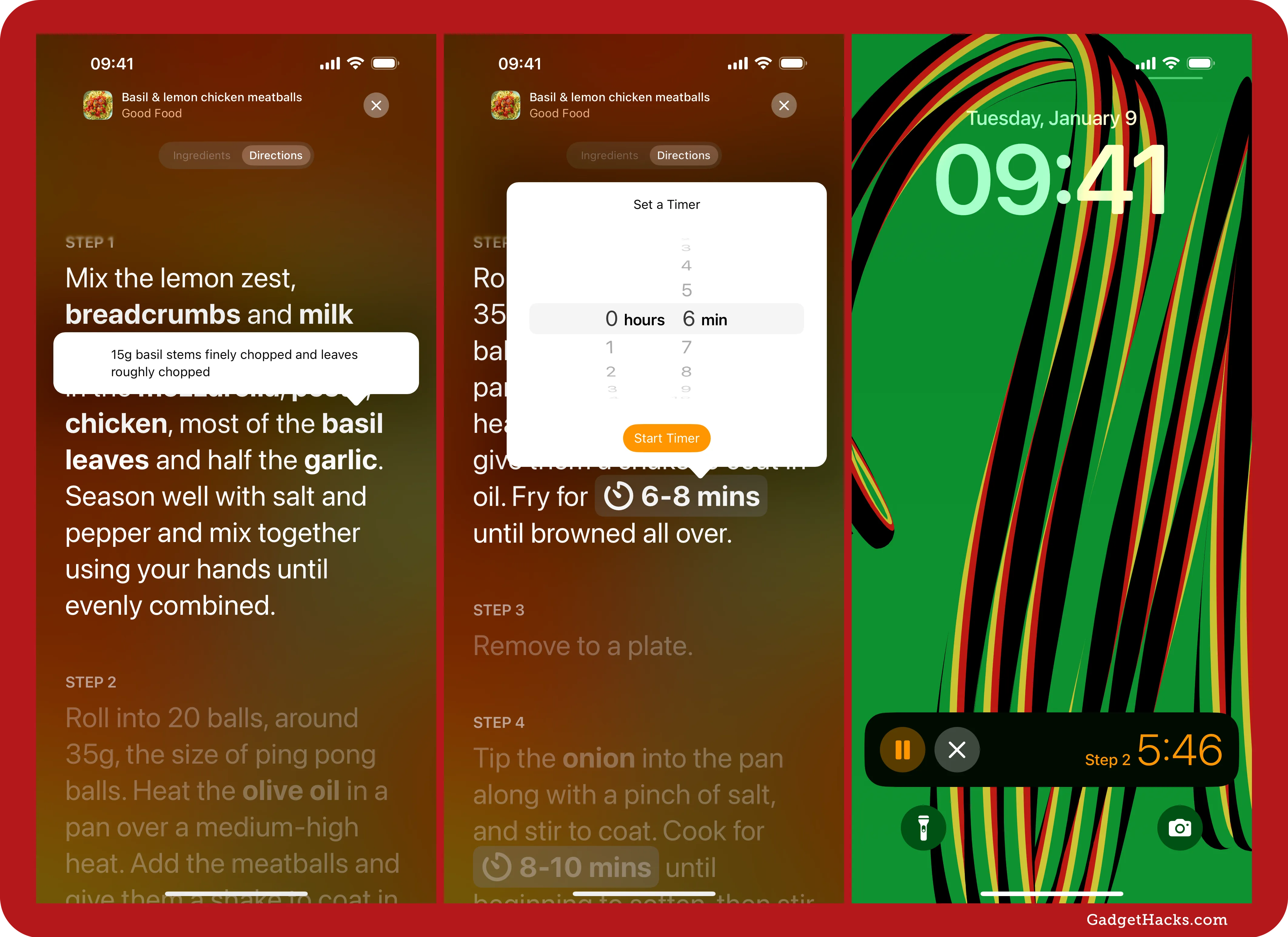 Screenshots of a recipe in Apple News+ Food: Left shows tapping on a bold ingredient or measurement; middle shows tapping a time to set a quick timer; right shows the timer on the Lock Screen.