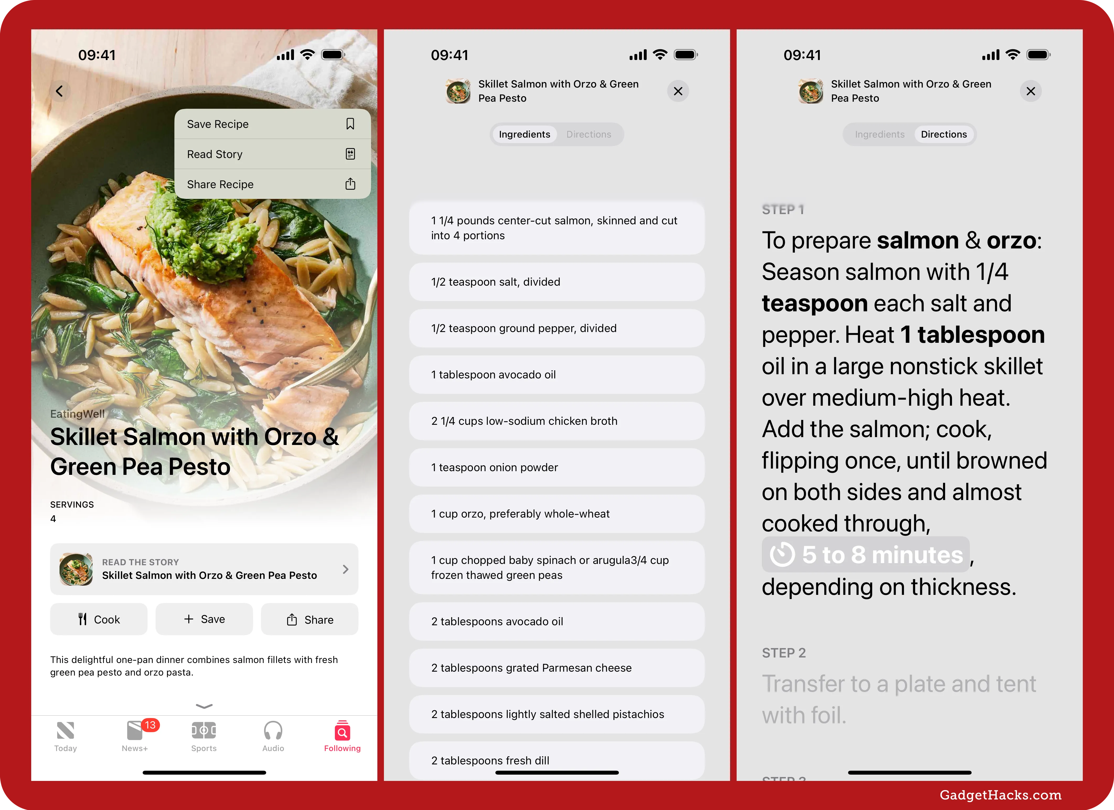 Left screenshot shows a skillet salmon recipe in Apple News+ Food; middle shows the full-screen ingredients list; the right shows the full-screen directions.