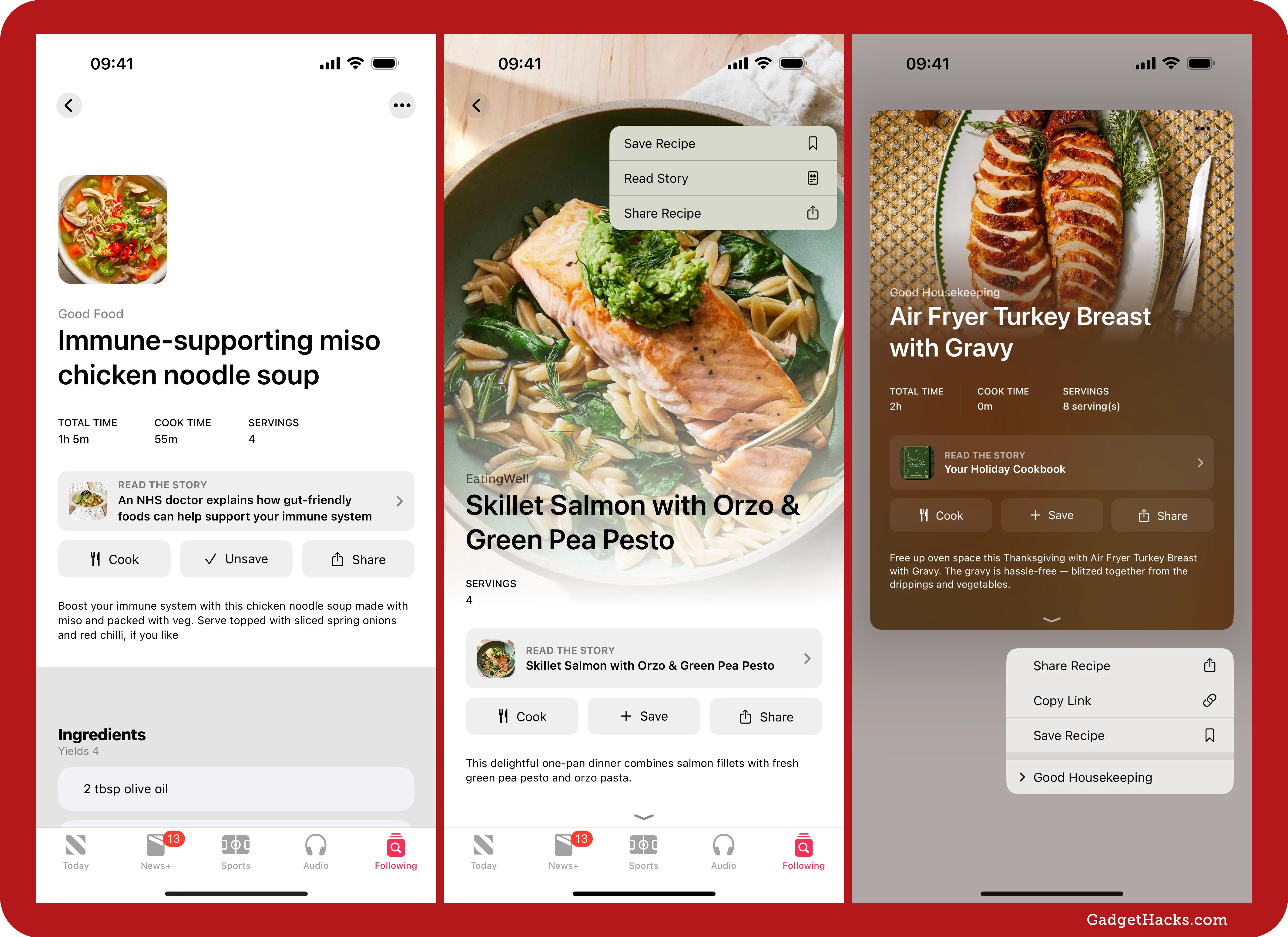 Left screenshot shows the Save button as Unsave in an Apple News+ Food recipe; middle shows the save options in the More menu; right shows the save options in the contextual menu.