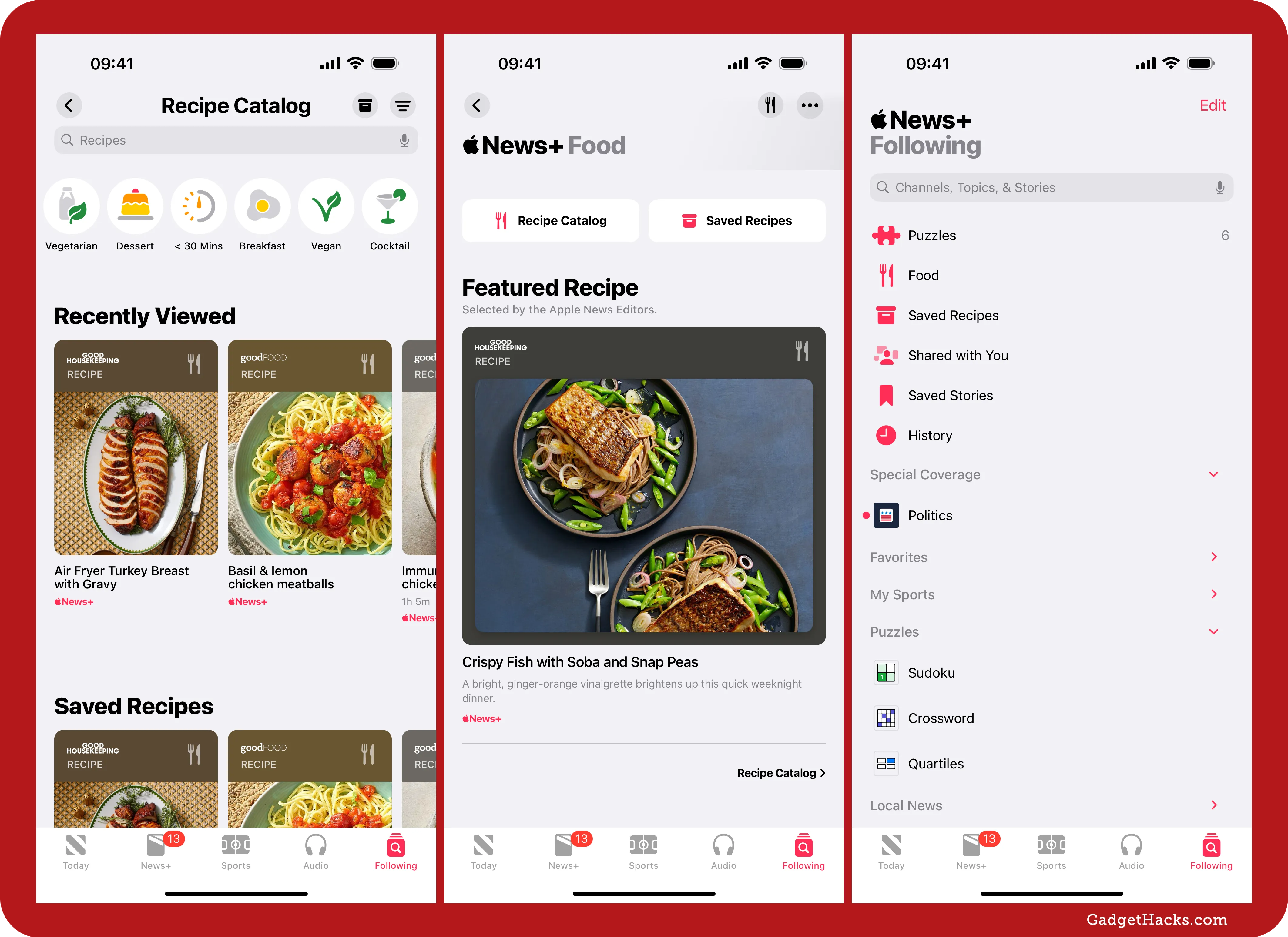 Left screenshot shows the Saved Recipes section in Recipe Catalog in Apple News+ Food; middle shows the Saved Recipes button on the main page; right shows Saved Recipes button in the Following tab.