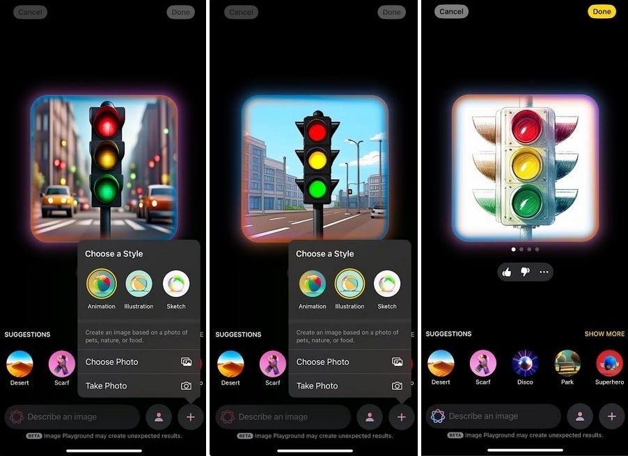 Image Playground styles from L to R, Animation, Illustration, and the new Sketch. | Image credit-PhoneArena - Apple's iOS 18.4 beta 1 arrives and includes a new drawing style for Image Playground