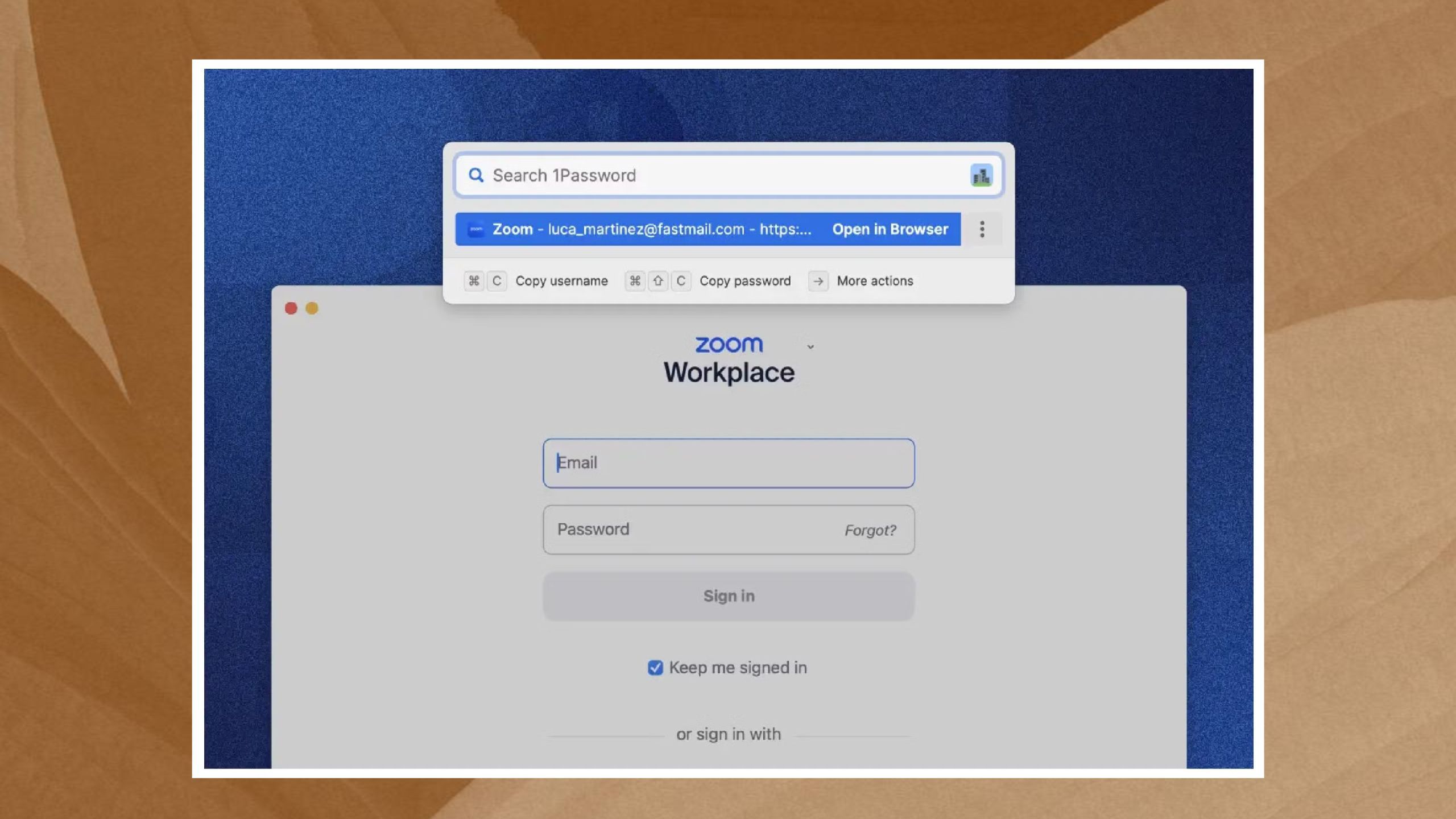 1password screenshot on a brown background. 