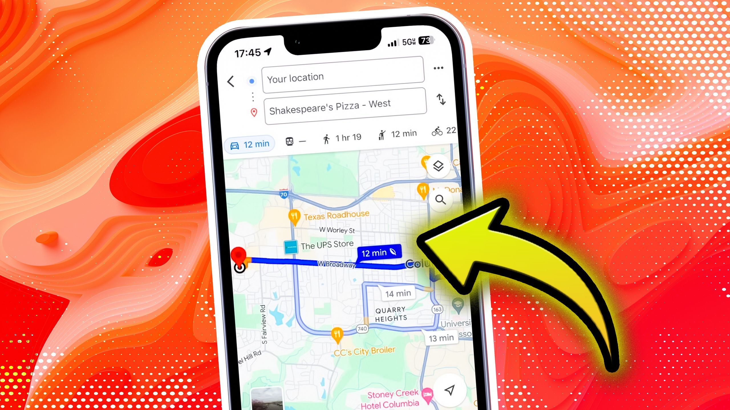 An iPhone with Google Maps directions pulled up against an orange background. 