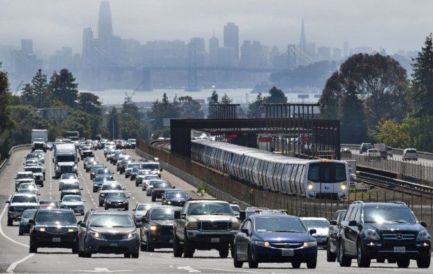 An eastbound BART train departs from the Rockridge BART station in Oakland, Calif., on Monday, June 26, 2023. Bay Area drivers could soon be on the hook to help bail out BART and other regional transit agencies struggling to recover from the pandemic under a bill state lawmakers announced Monday that would hike tolls over most bridges $1.50. (Jose Carlos Fajardo/Bay Area News Group)