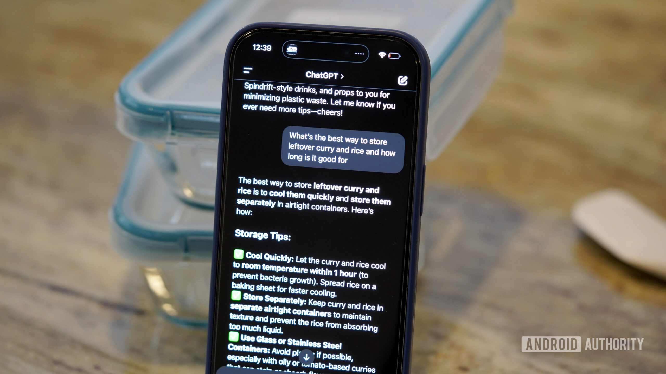 A users's iPhone displays tips from ChatGPT related to food storage.