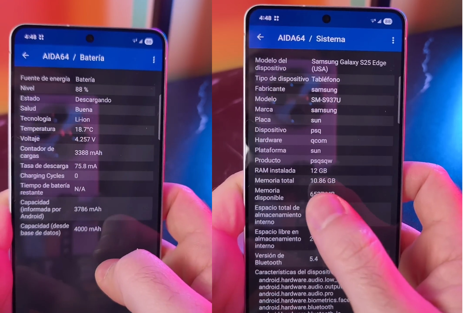 An Android app allegedly showing the internal details of Samsung Galaxy S25 Edge.