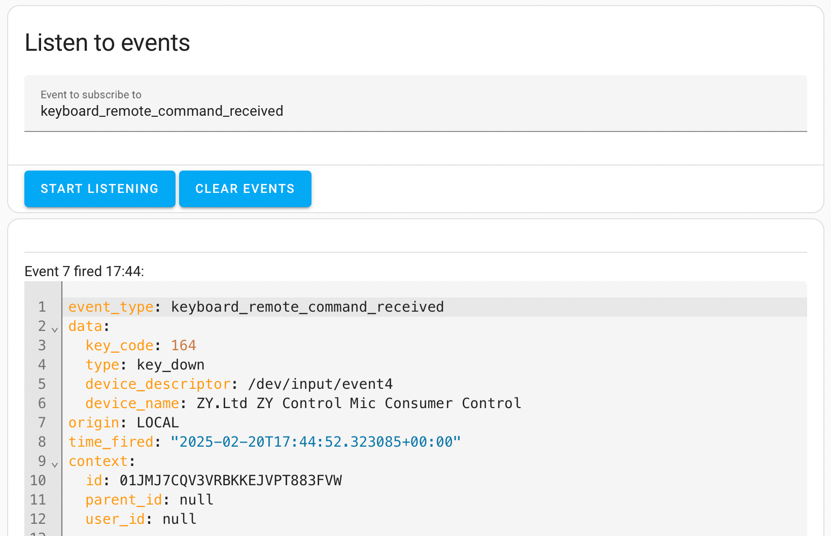 Listening for events fired by a wi-fi remote in Home Assistant developers tools.