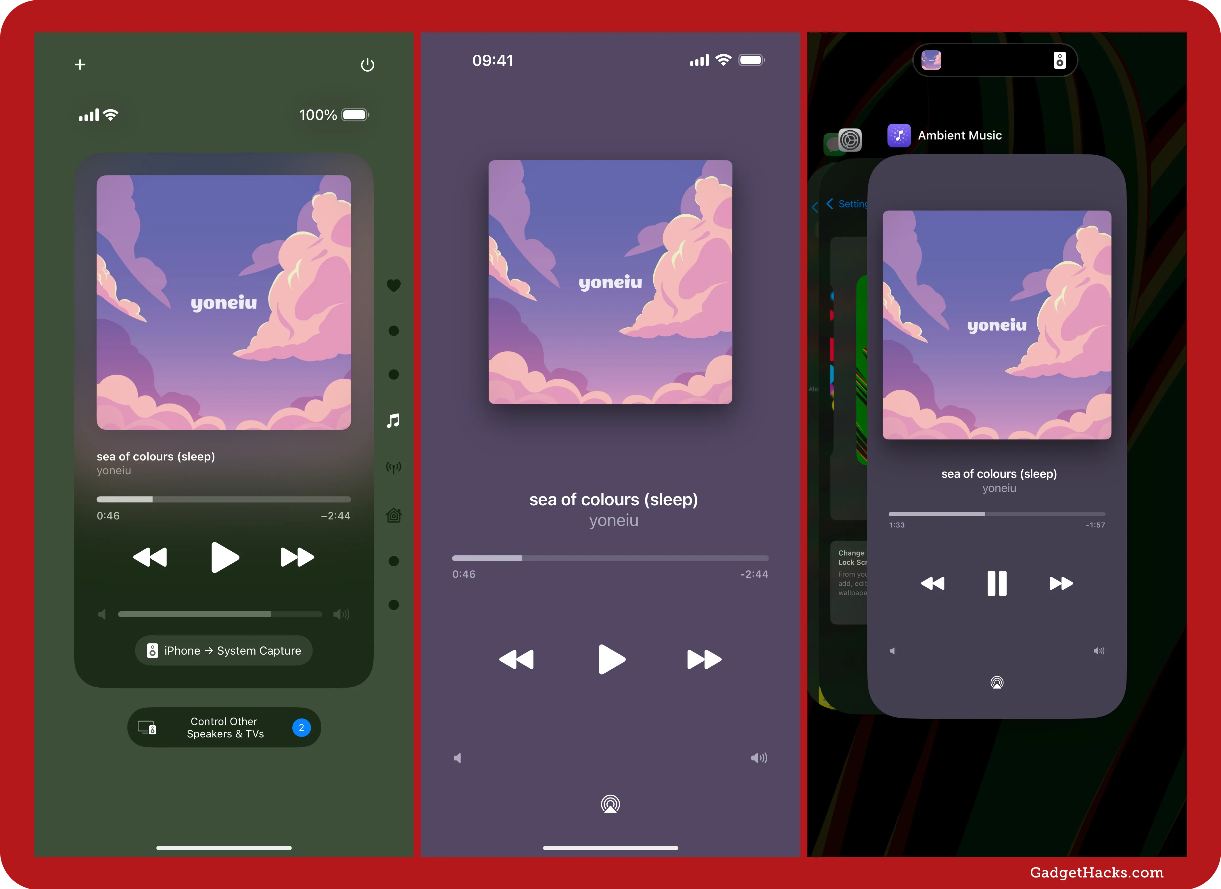 Ambient Music seen in the Now Playing screen, the Ambient Music app, and in the App Switcher.