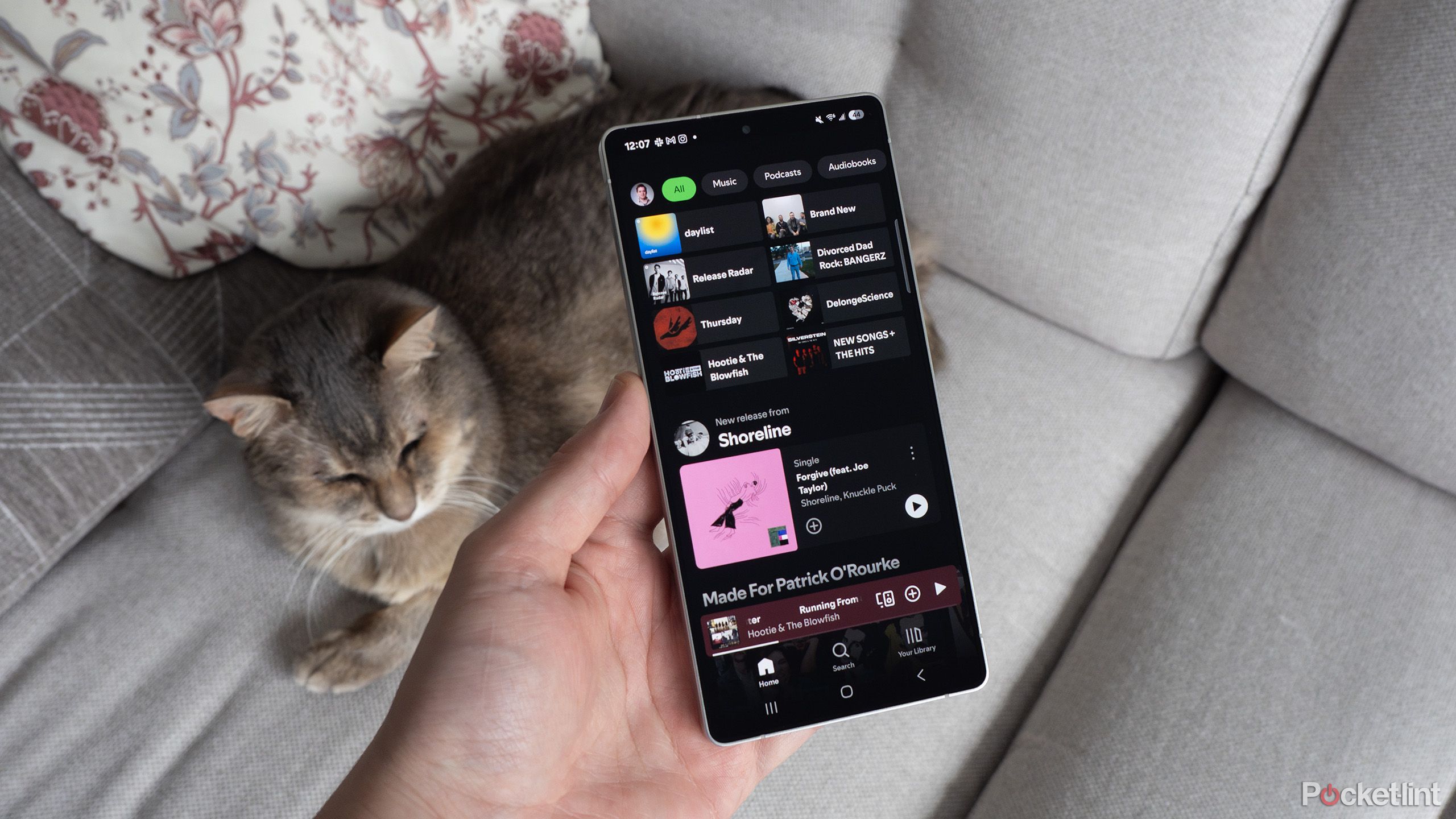 Galaxy S25 Ultra Spotify above a cat laying on a sofa. 