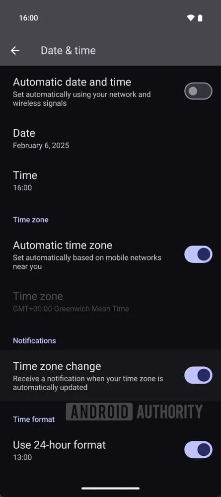 android 16 time zone AndroidAuthority