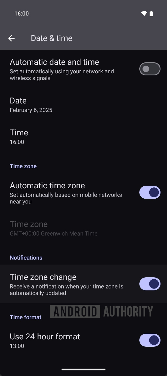 Time zone change toggle in Android 16 Beta 1