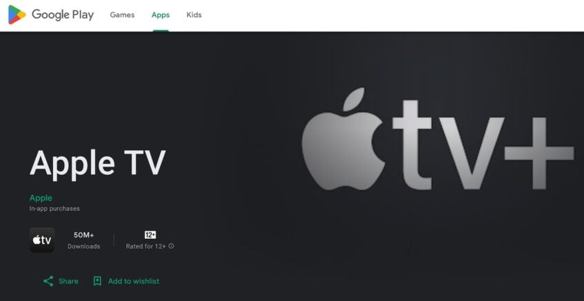 Apple TV app information page on Google Play Store