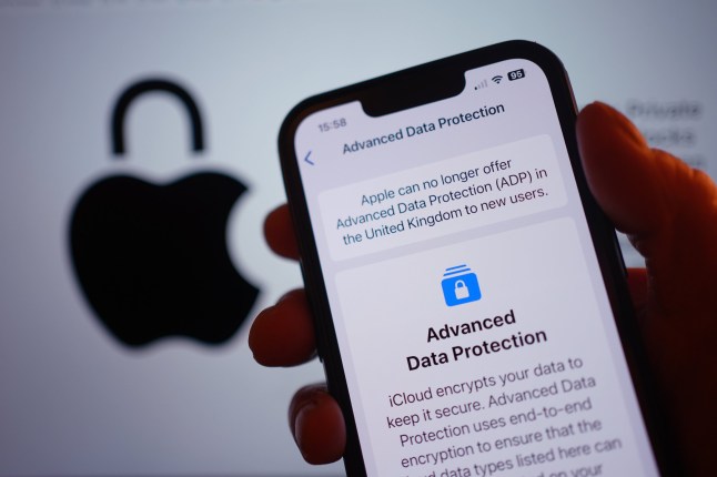 A message on an iPhone in London warning that Apple can no longer offer Advanced Data Protection (ADP) to its customers in the UK following a Government demand for access to user data. Picture date: Friday February 21, 2025. PA Photo. In a statement, Apple said: 