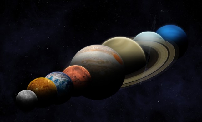 An illustration of a planetary alignment featuring Mercury, Venus, Earth, Mars, Jupiter, Saturn, Uranus and Neptune.