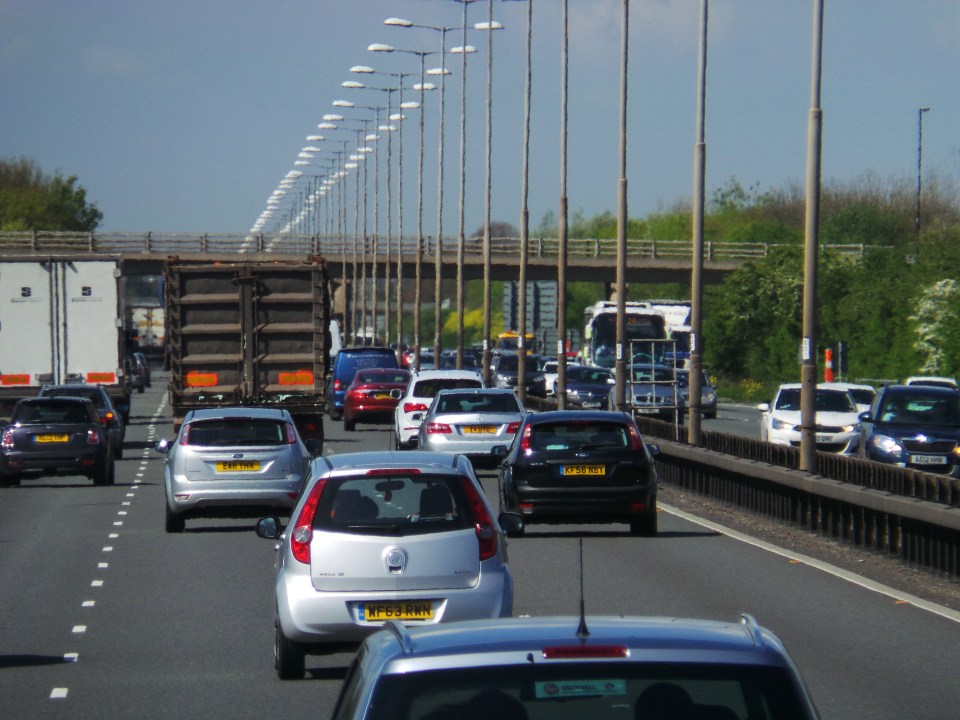 Traffic jam on a multi-lane highway.