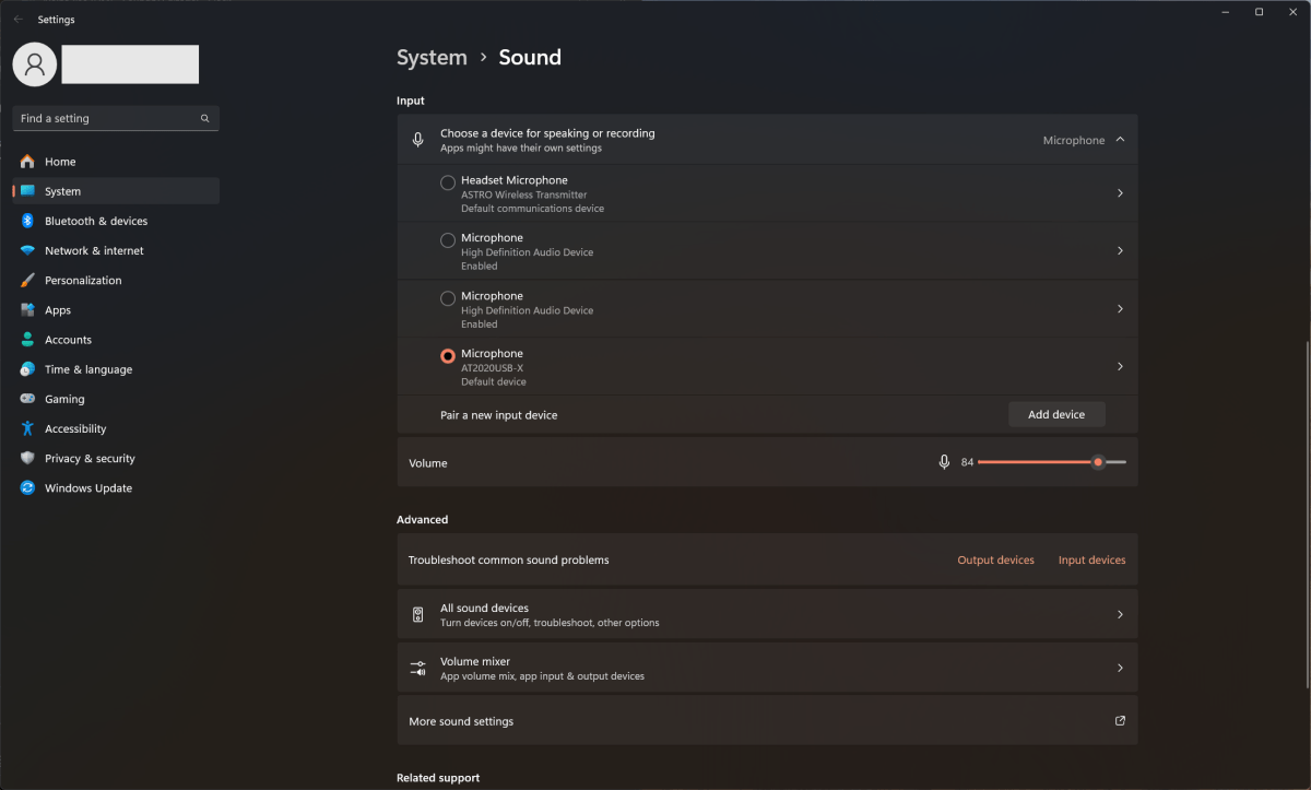 Windows 11 Sound settings scrolled down to the Input (aka microphone) section