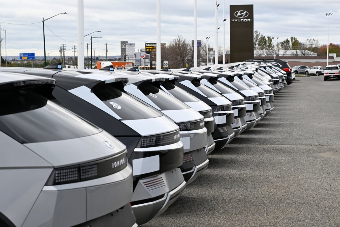 New electric cars are lined up at a Hyundai car dealership on Friday October 11, 2024 in Quebec City.