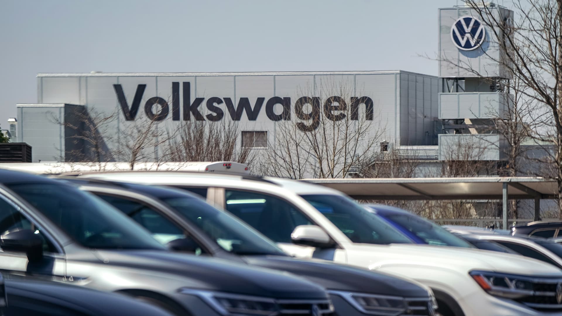 Volkswagens are seen in the employee parking lot at the Volkswagen automobile assembly plant on March 20, 2024 in Chattanooga, Tennessee.