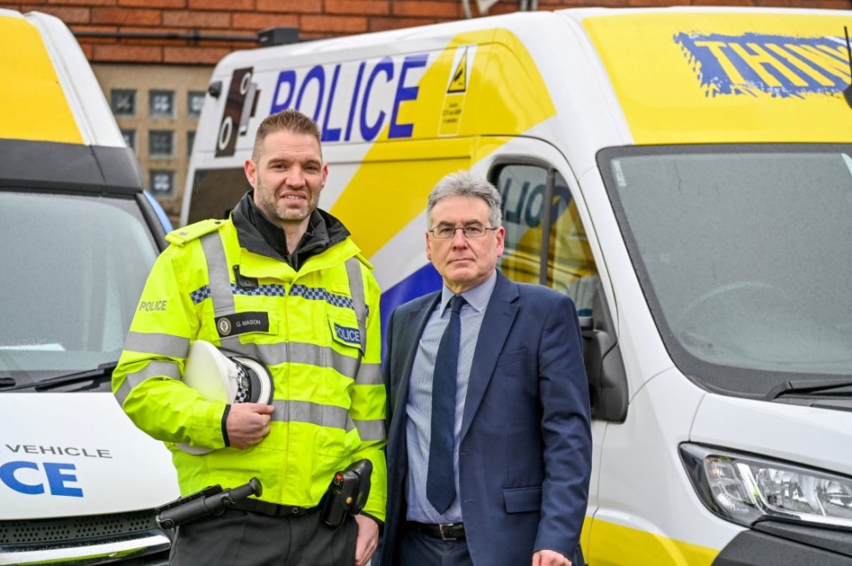 **EMBARGOED - 16.00HRS GMT / FEBRUARY 19, 2025** The Police and Crime Commissioner, Simon Foster, is doubling the number of mobile speed enforcement camera vans from 4 to 8 in the West Midlands. (L-R) Head of the Roads Policing Unit, Supt Gareth Mason and Simon Foster. February 19, 2025. Release date - February 19, 2025. Police have unveiled new hi-tech speed camera vans that can detect drunk and drug drivers from up to ONE MILE away. The vans can also catch motorists not wearing seatbelts and using mobile phones behind the wheel. Four new vans will be deployed in the West Midlands and can operate 24- hours-a-day, seven days a week. Each van costs around £47,000 and come packed with the latest technology in a bid to crackdown on bad drivers. The cameras are so powerful that they can produce hi-res images showing drivers using a mobile phone behind the wheel from a mile away. Officers also say the powerful cameras can provide evidence of people driving under the influence of drugs and alcohol. Police and Crime Commissioner Simon Foster signed off on a £188,000 of funding for four new vans for West Midlands Police.