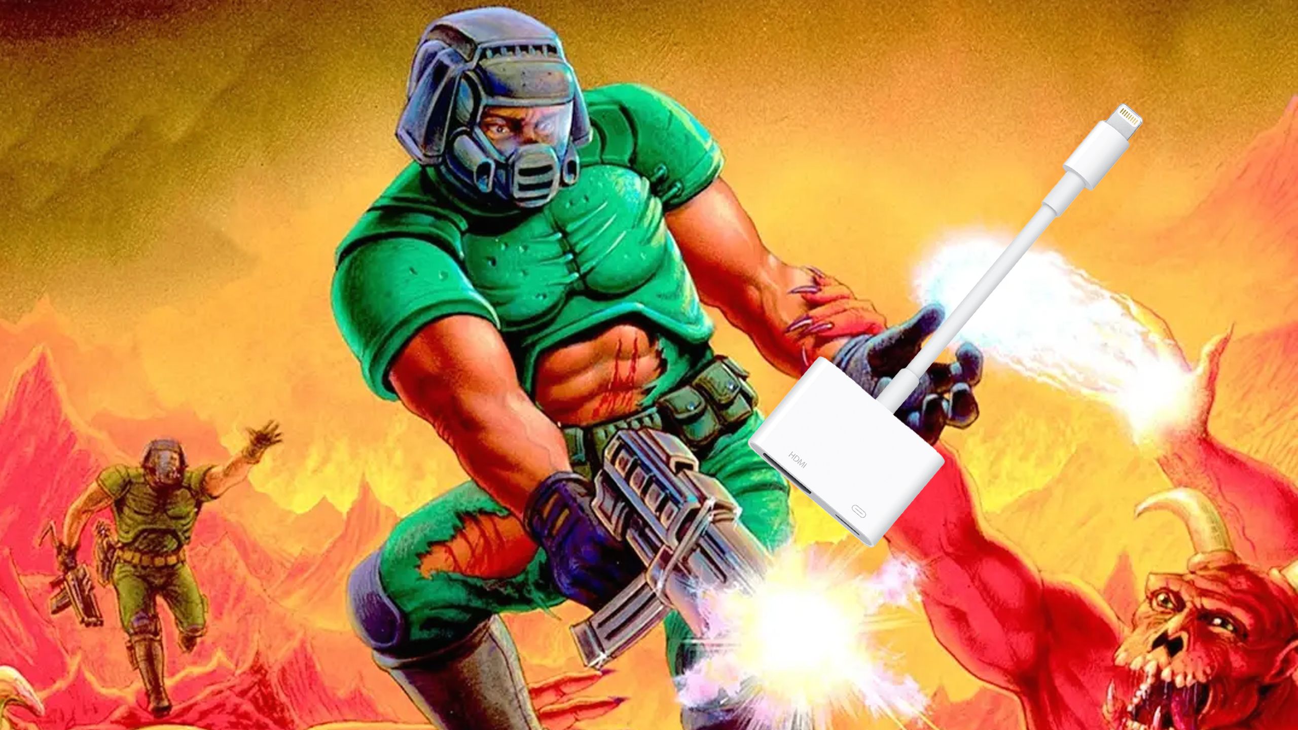 Doom guy holding Apple cable