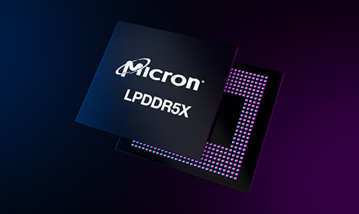 Mockup of Micron LPDDR5X memory against purple background