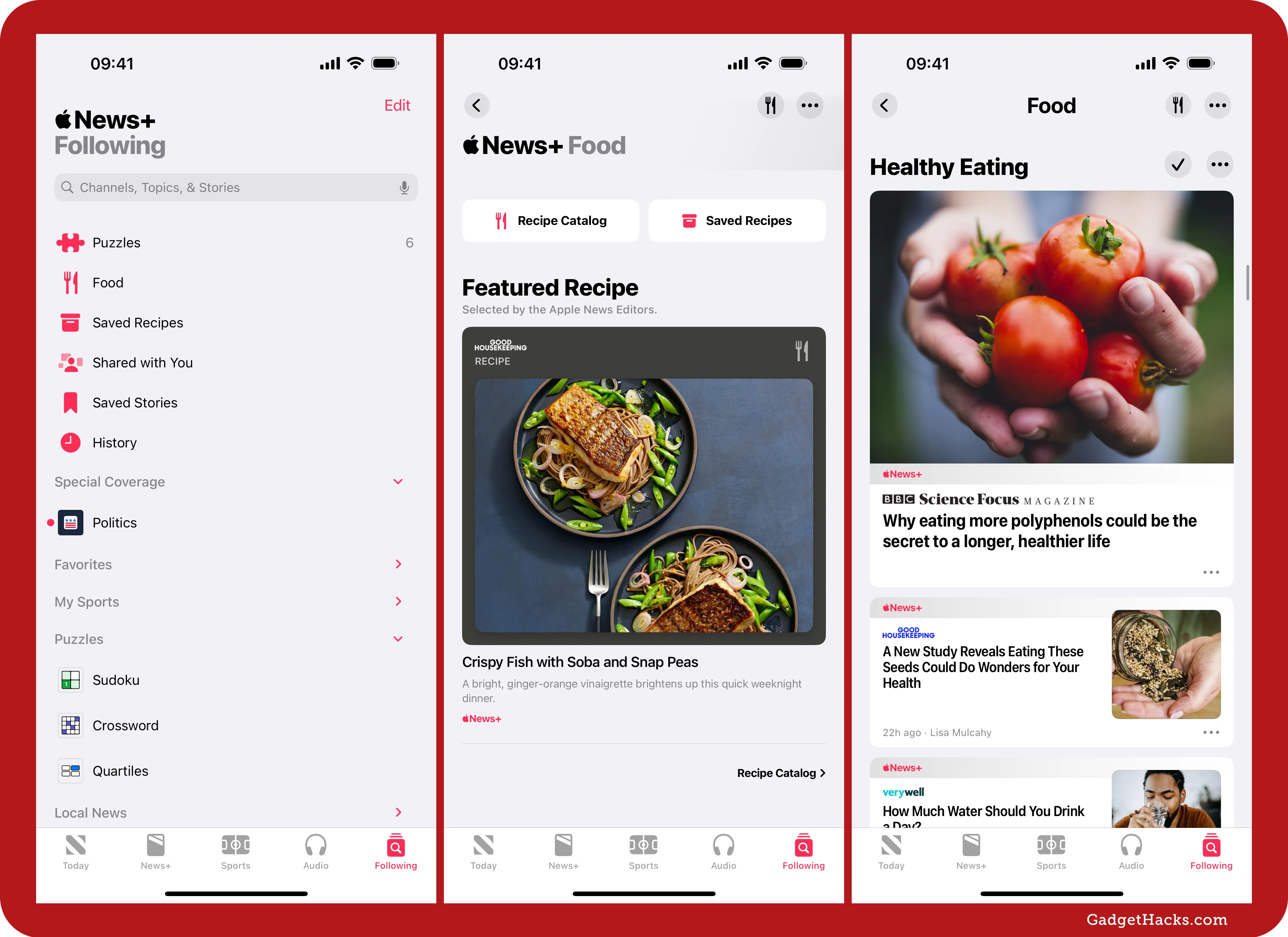 Food is seen listed in the Following tab of the Apple News app in the left screenshot; the middle and right screenshots show the Food section itself.