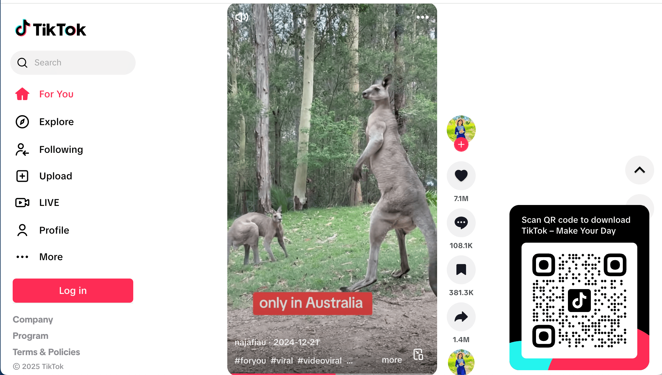 A page from TikTok showing a menu on the left, a video with kangaroos in the center, and a QR code on the right.