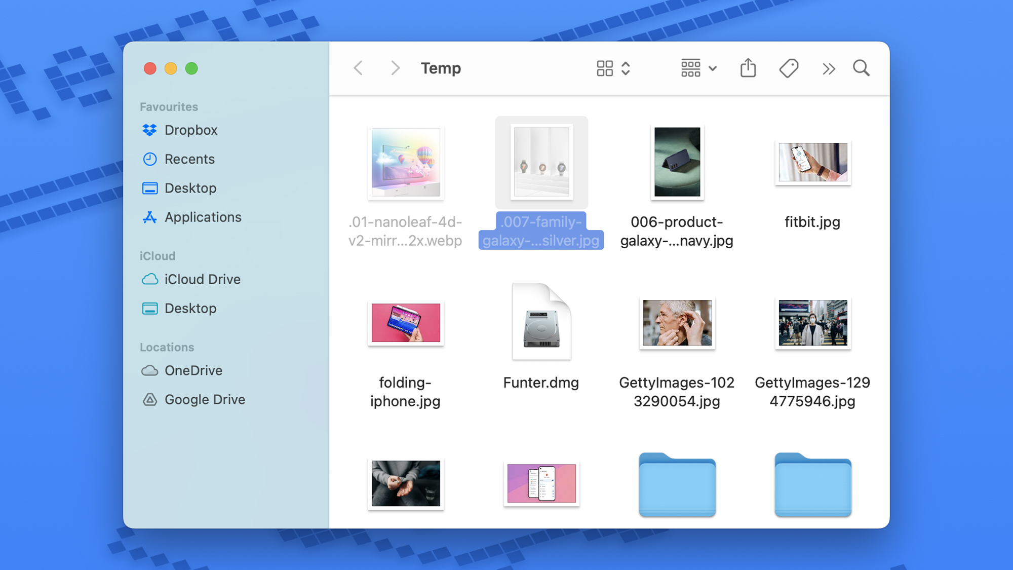 Finder showing Temp folder with some of the icons translucent.