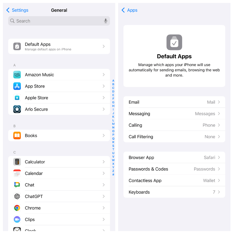 Two screenshots: on the left, headed “General” with list of default apps; on the right, headed Default Apps with an explanation that you can manage which apps your iPhone will use and then a list of apps.